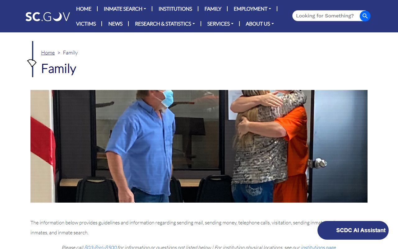 SCDC family services page for Lee Correctional Institution visitation mail and money