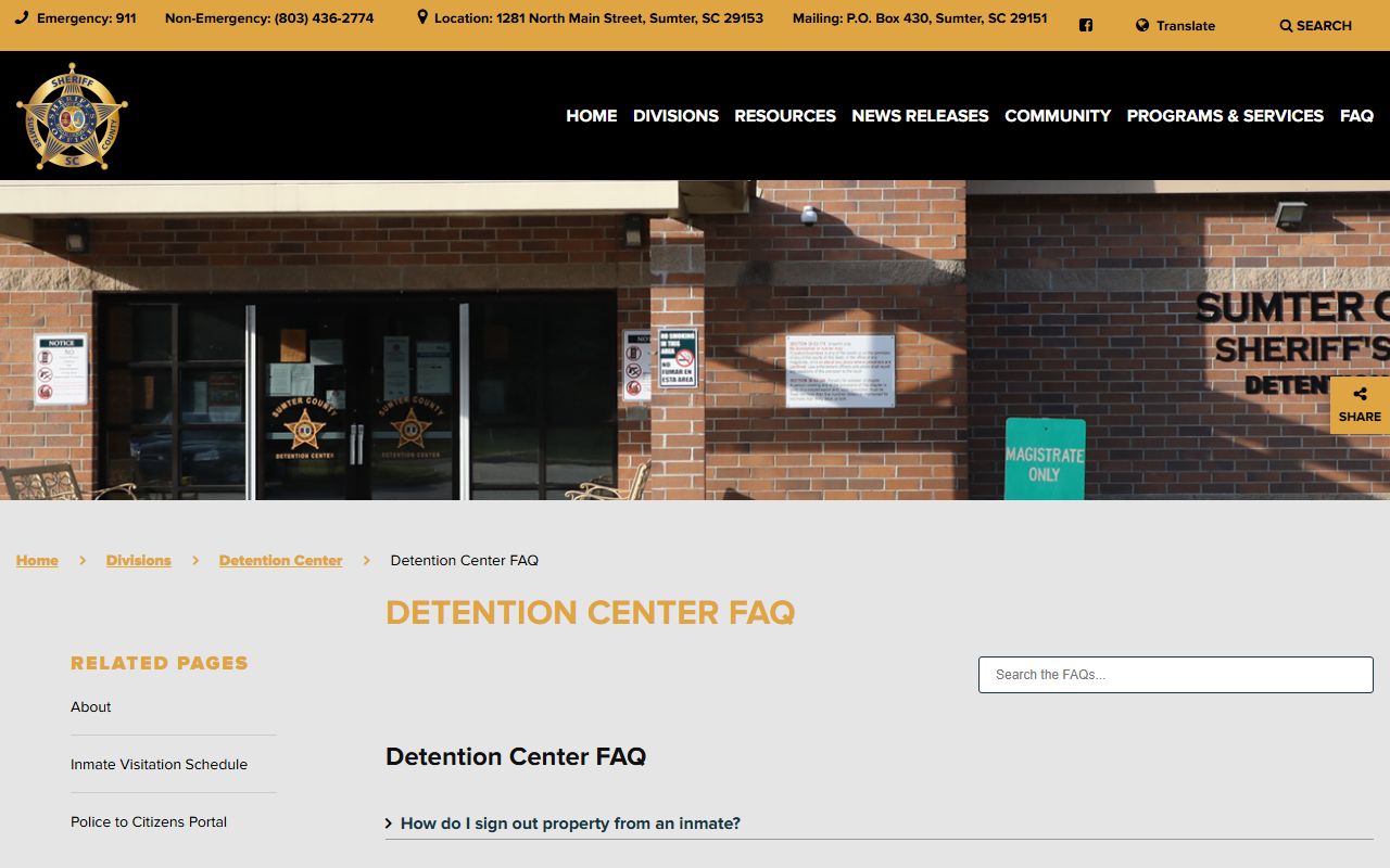 Sumter-Lee Regional Detention Center mail money phone and bond FAQ for inmate records