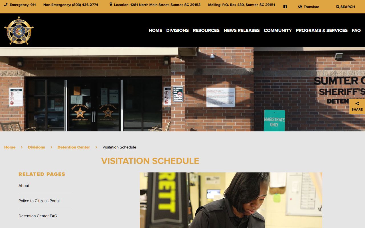 Sumter-Lee Regional Detention Center visitation schedule for Lee County jail inmates
