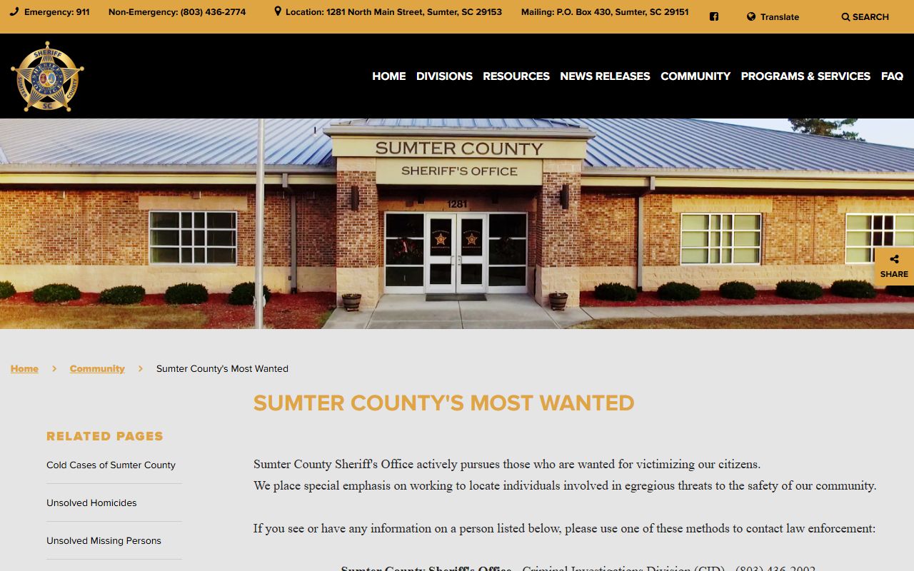 Lee County mugshot context from Sumter sheriff Most Wanted photo notices