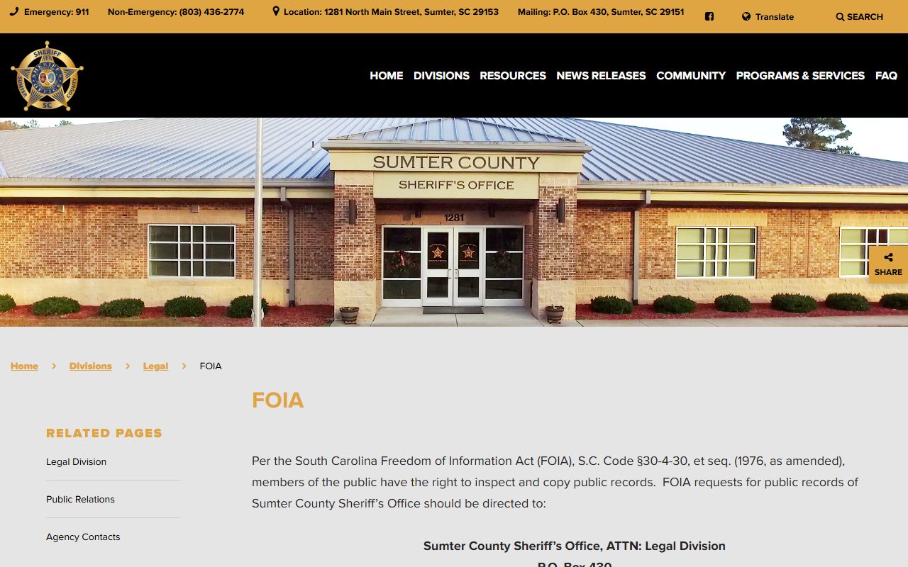 Lee County inmate records FOIA fee schedule through Sumter sheriff Legal Division